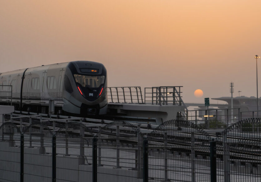 Doha, Qatar- June 06,2022 :Qatar red line metro traveling through the bridge.