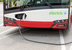 Closeup of electric bus at the charging station